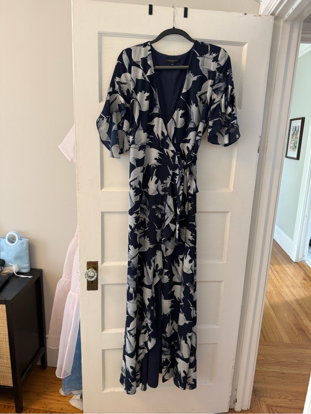 Halston Navy and White Print Maxi Dress